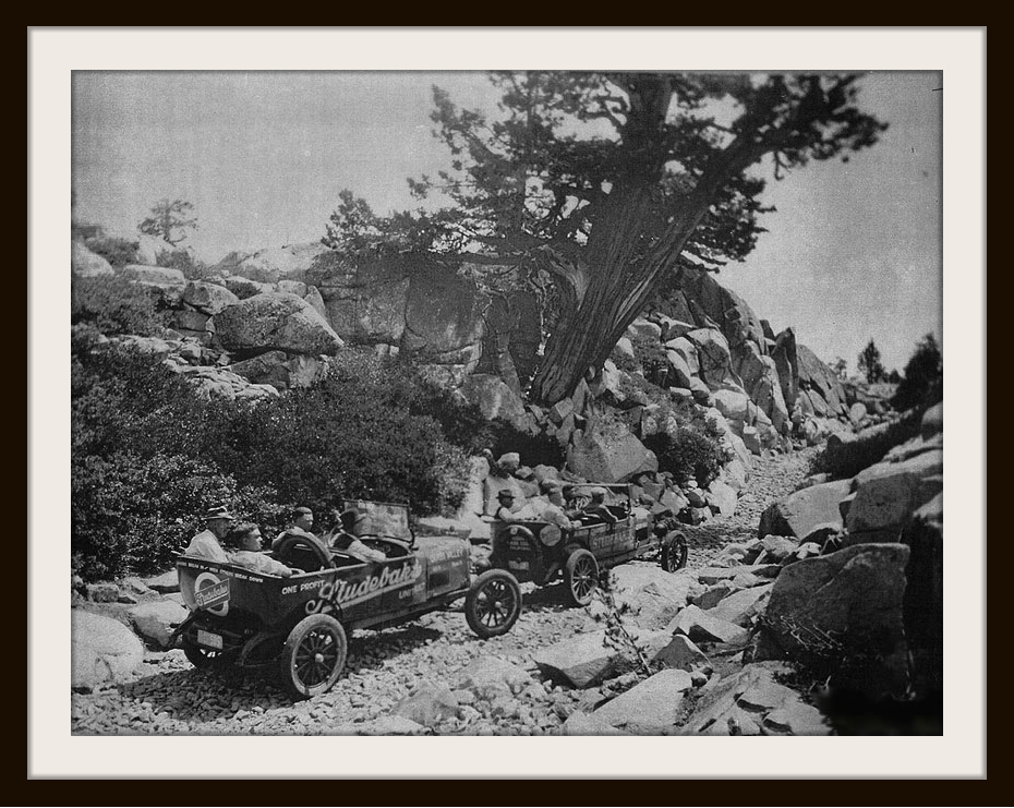 Early 1900's vehicles on Little Sluice on the Rubicon Trail