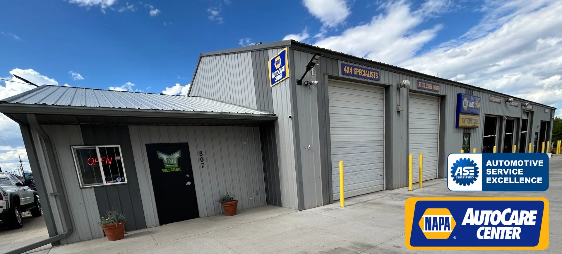 TNT Customs Auto repair shop in Cheyenne, WY, featuring ASE Certification and NAPA AutoCare Center branding