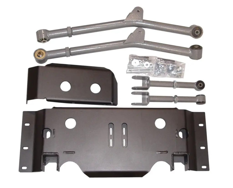 TNT Customs suspension kit with crossmember, control arms, mounting brackets, and hardware laid out on a white background.