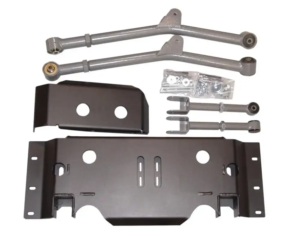 TNT Customs suspension kit with crossmember, control arms, mounting brackets, and hardware laid out on a white background.