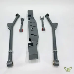 TNT Customs Jeep suspension components including long arms, crossmember, and control arms arranged on a white background.