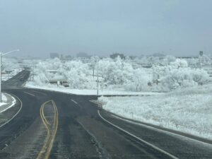 Snow-covered winter landscape in Cheyenne, Wyoming, showing icy roads, frost-covered trees, and cold weather driving conditions.